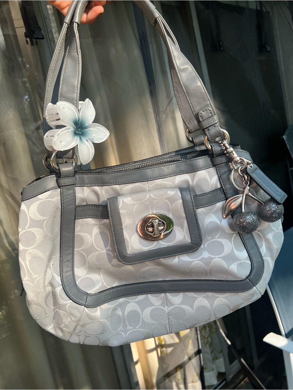 Coach Gray and Silver Signature Canvas Shoulder Bag